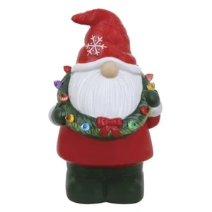 12" LED Lighted Ceramic Christmas Gnome w/ Wreath Statue Tabletop Holiday Decor - Picture 1 of 3
