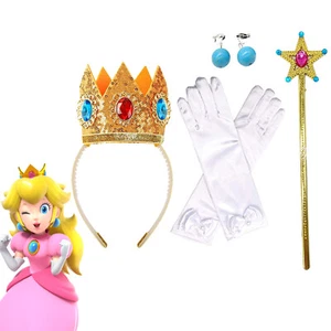 6Pcs Princess Peach Crown Accessories Girls Party Costume Earrings Gloves Wand - Picture 1 of 11