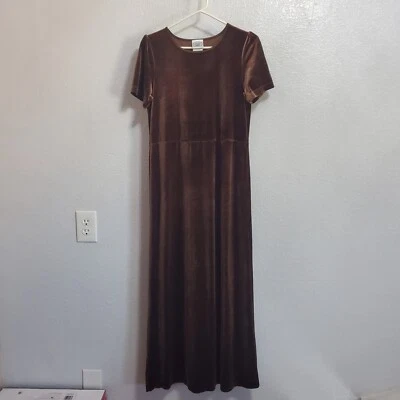 Laura Ashley Velvet Maxi Dress Women M Brown VTG Empire Waist Short Sleeve 90s - Image 1 of 4
