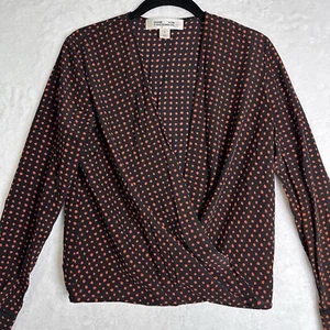 Diane von Furstenberg Sz 0 Suplice Red Black Dots 100% Silk Long Slv Blouse Top - Picture 1 of 17
