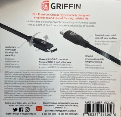 GRIFFIN Premium USB-C to USB-C Charge & Sync BRAIDED Cable 6-FT - Black - Image 1 of 3