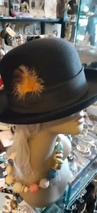 BYSJU BLACK BOWLER HAT LONDON BASIC WOOL WITH FEATHER UK UNISEX 7 - Picture 1 of 3