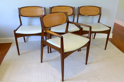 4 Kofod Larsen for Selig Cane Back Walnut Dining Chairs White Leather Seats Cover