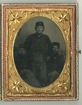 Three Union Soldiers 1860 Civil War 1/4 Plate Military Flag Tintype Kepi Frock - Image 1 of 4