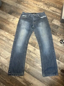 WT02 Jeans Mens Size 34x32.5 Slim Straight Faded Blue Washed Stretch Denim’s - Picture 1 of 6