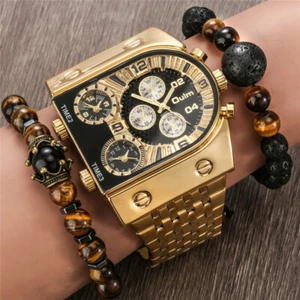 Top Brand OULM Full Gold Steel Quartz Wrist Watch 3 Time Zones Fashion Bangle - Imagen 1 de 10