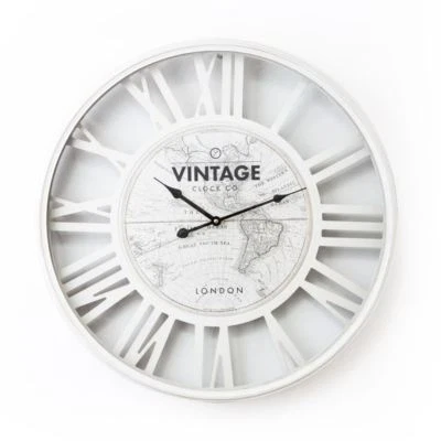Wall Clock Large 60cm White Vintage World Map Shabby Chic Home Decor Gift Lounge - Image 1 of 2