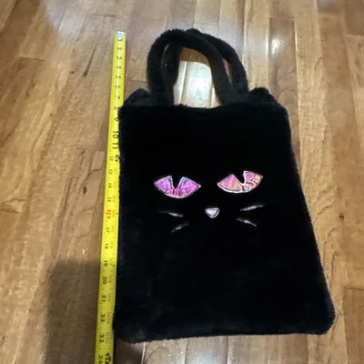 Nwot Kitty Cat Face Tote Bag Black Fuzzy Faux Fur Large Size Embroidered - Image 1 of 4