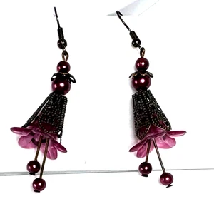 Bohemian Style Dangle Drop Earrings Magenta Plum Hook Pierced Ears - Picture 1 of 5