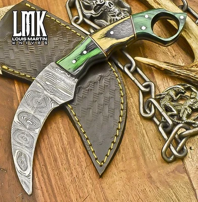 LMK Custom Karambit Knife Twist Damascus Hard Wood Wooden Bolster Hunting - Image 1 of 4