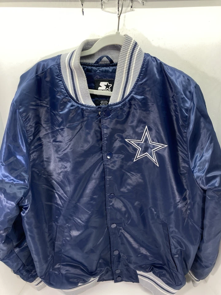 Chaqueta de bombardero de satén Dallas Cowboy Starter para hombre talla XL azul acolchada a presión NFL Foto 1 de 4
