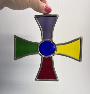 Vintage Stained Glass Cross Suncatcher Rainbow Window Ornament Religious 5.5" - Picture 1 of 5