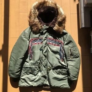 Facetasm Military Down Jacket 1 MA-1 Nordic Embroidered Fur Hood Used JAPAN - Picture 1 of 19