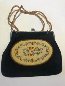 AIMEE CAPOBIANCO Needlepoint Black Suede Beaded Double Handle Purse Handbag - Picture 1 of 7