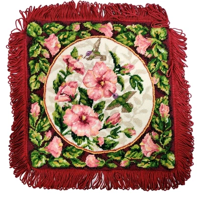 Hummingbird On Floral Dimensions Finished Needlepoint Pillow Cover 13"x13" VTG - Image 1 of 4