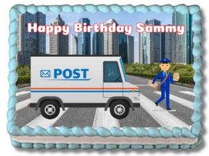 Camión de correo postal Mailman imagen comestible felicitaciones hágalo usted mismo tapa de pastel comestible - Imagen 1 de 2