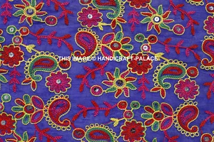 Indian Blue Embroidered Paisley Raw Silk dupion wedding fabric By the Metre - Picture 1 of 3