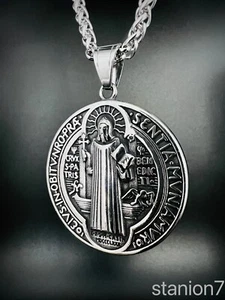 St. Benedikt Kreuz Schutz Katholisch Anhänger Edelstahl Kette Schmuck Biker 381A - Bild 1 von 7
