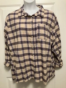 NWT Cotton On Flannel Medium/Large Button Up Shirt Women’s Beige Purple Plaid - Picture 1 of 5