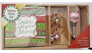 Urlaub Cocktail Wein Geschenkset Stopper Servietten & 4 Charms NEU DRINK UNTIL MERRY - Bild 1 von 2