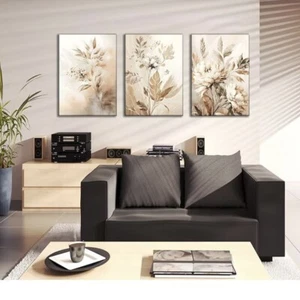 3pc framed neutral rust flowers Canvas Wall Art for bedroom living room - Picture 1 of 6