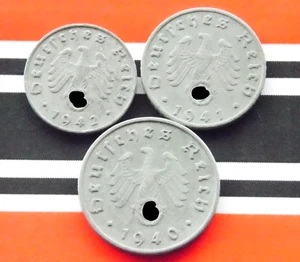 GERMAN Set 3x Coin 1 5 10 REICHSPFENNIG Zinc SWASTIKA 3rd Reich WW2 Rpf Artifact - Picture 1 of 2