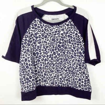 DKNY Women Leopard Animal Print Short Sleeve Sweatshirt Style Top Blouse Medium - Image 1 of 3