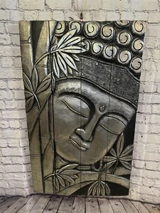 100 cm x 60 cm Buddha Silberplatte Holz Holztafel Wandbild Plakette handgeschnitzt - Bild 1 von 9