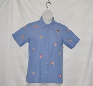Quacker Factory Embroidered Sea Shell Short Sleeve Shirt Size S Blue - Picture 1 of 2