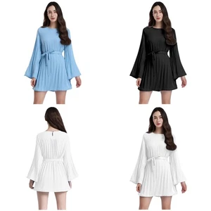 Women Elegant Dresses Long Sleeve Tie Waist Pleated Mini Vacation Outfits - Picture 1 of 37