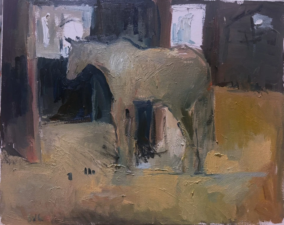 Западная лошадь в гигантской стабильной сюрреализм картина маслом на холсте 16 «x 20» оригинал - Изображение 1 из 1