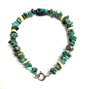 Turquoise Focal Nugget With Chip Beads, Shell Heishi, Silver Beads Bracelet - Picture 1 of 6