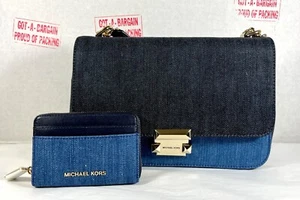 Michael Kors Sloan Large Chain  Denim Blue Crossbody Shoulder Bag & Cardcase - Picture 1 of 12