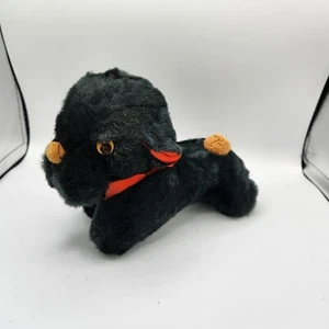 Vintage Black Dog Plush Googly Eyes Stuffed Animal Red Ears & Bow - Picture 1 of 6