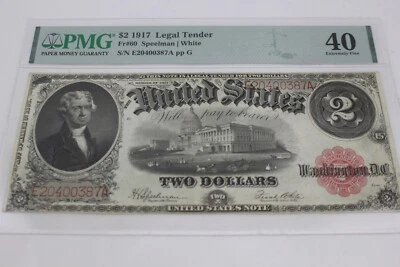 1917 $2 Dollars Legal Tender Red Seal Large Note PMG 40 FR#60 Extremely Fine - Image 1 of 2