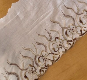 3 Yards 7.5" Wide White Eyelet Cotton Fabric Lace/Embroidered Brown Flower b0434 - Picture 1 of 2