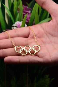 Olympic Necklace 14K Yellow Gold Plated Silver Olympic Sports Pendant. - Picture 1 of 6