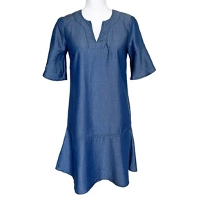 Ann Taylor NWT Notch Neck Short Sleeve Chambray Shift Dress Blue Size XXS Petite - Picture 1 of 9