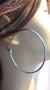 2.25 inch HOOP EARRINGS SILVER TONE RHODIUM HOOP EARRINGS CLASSIC HOOPS - Picture 1 of 3