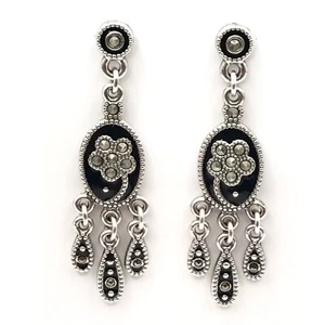 Orecchini pendenti lampadario Brighton placca nera e argento marcasite look vintage - Foto 1 di 9