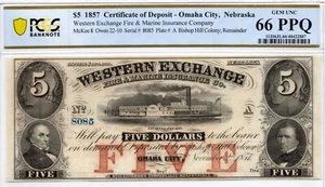 1857 $5 Western Exchange, Omaha City Nebraska Obsolete -PCGS 66 PPQ! Superb GEM! - Picture 1 of 3