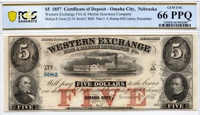 1857 $5 Western Exchange, Omaha City Nebraska Obsolete -PCGS 66 PPQ! Superb GEM! - Image 1 of 3