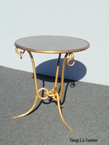 Vintage Hollywood Regency Gold Round Wrought Iron End Side Table Mirrored Glass Cover