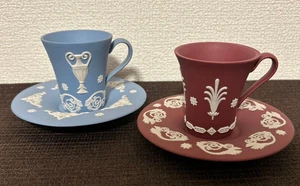 Wedgwood Jasper Crimson Pale Blue Wine Red Cup & Saucer Pair Set Japan Used - Picture 1 of 10
