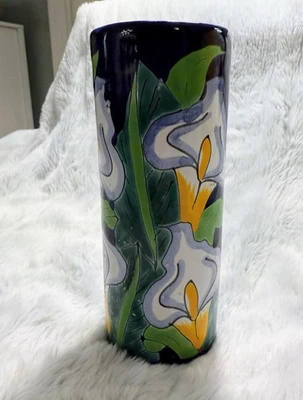 Vaso de cerâmica mexicano feito à mão Talavera lírio calla azul branco e verde botão A10 - Imagem 1 de 4