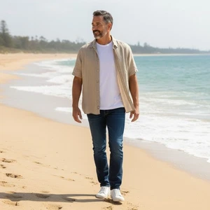 Banana Republic Leinenmischung Slim Fit Kurzarm Hemd mit Knopfleiste Herren XL Beige - Bild 1 von 7