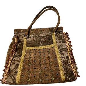 Arazzo Tote Bag CarpetBag Motivo Floreale Pergamena Patchwork Frange Spalla Lg - Foto 1 di 10