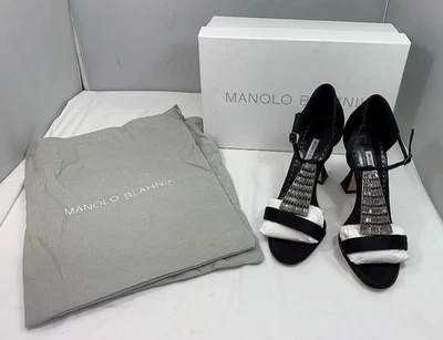 Manolo Blahnik Rosican Open Toe Strap Sandals Size 36 Black T-Bar Bijou - Image 1 of 4