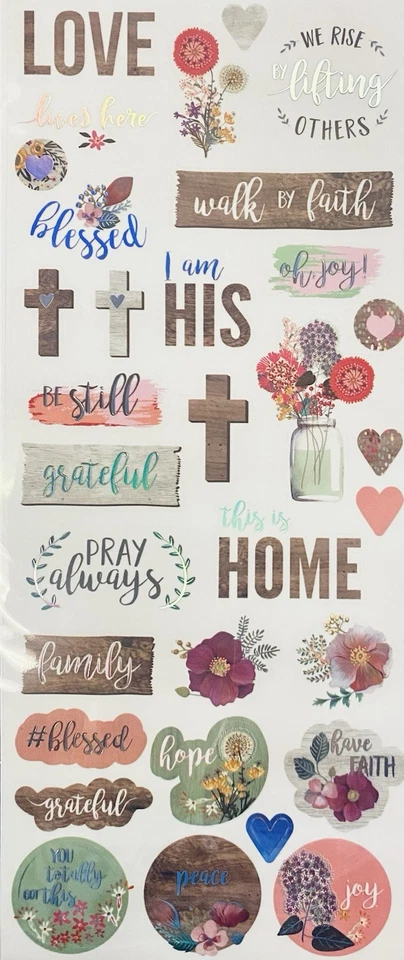 Religious Faith Love Family Phrases Silver Foiled Scrapbook Craft Stickers 5x12” - Image 1 of 1