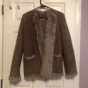 Gorgeous thick fluffy shearling lamb suede jacket sheepskin Brown tan sz S - M - Picture 1 of 13